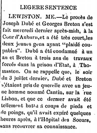News story from "La Justice" newspaper in Biddeford, Maine, on October 5, 1899, showing that Joseph Dube was sentenced to a year in prison in the death of Mr. Legere.