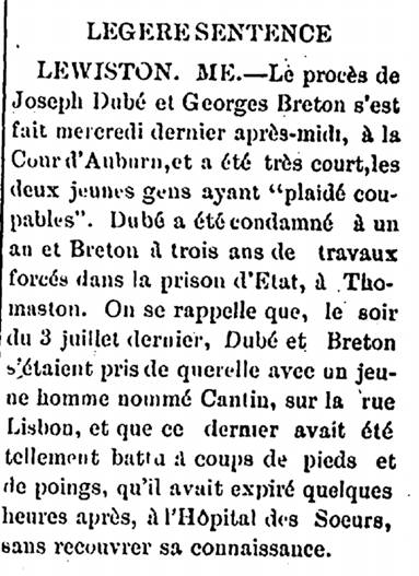 News story from "La Justice" newspaper in Biddeford, Maine, on October 5, 1899, showing that Joseph Dube was sentenced to a year in prison in the death of Mr. Legere.