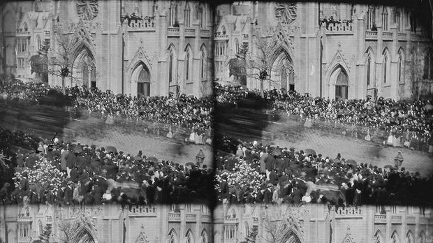 Two of the series of photographs believed to show Abraham Lincoln's catafalque, as a blur moving past Grace Episcopal Church on Broadway in New York on April 25, 1865. 