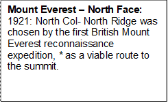 Mount Everest  North Face:              1921: North Col- North Ridge was chosen by the first British Mount Everest reconnaissance expedition, * as a viable route to the summit. 

